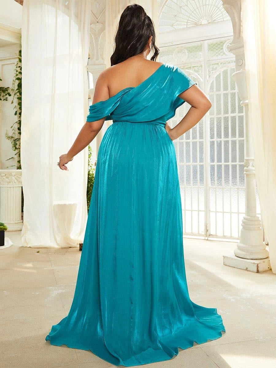 Elegant A-Line One-Shoulder Cap Sleeve Backless Floor-Length Plus Size Prom Dress